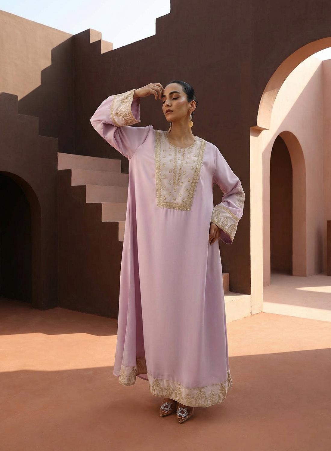 ISHIN Lilac Zari Embroidered Colourblock Abaya